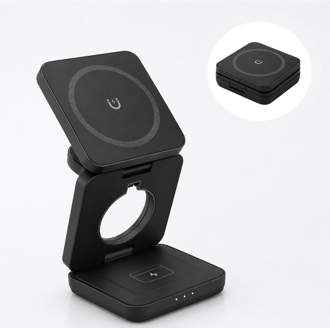 A black magnetic wireless charging dock with a fold-out stand, shown on a light gray background with a circular inset image showing the device from a top-down angle.
