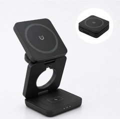 A black magnetic wireless charging dock with a fold-out stand, shown on a light gray background with a circular inset image showing the device from a top-down angle.