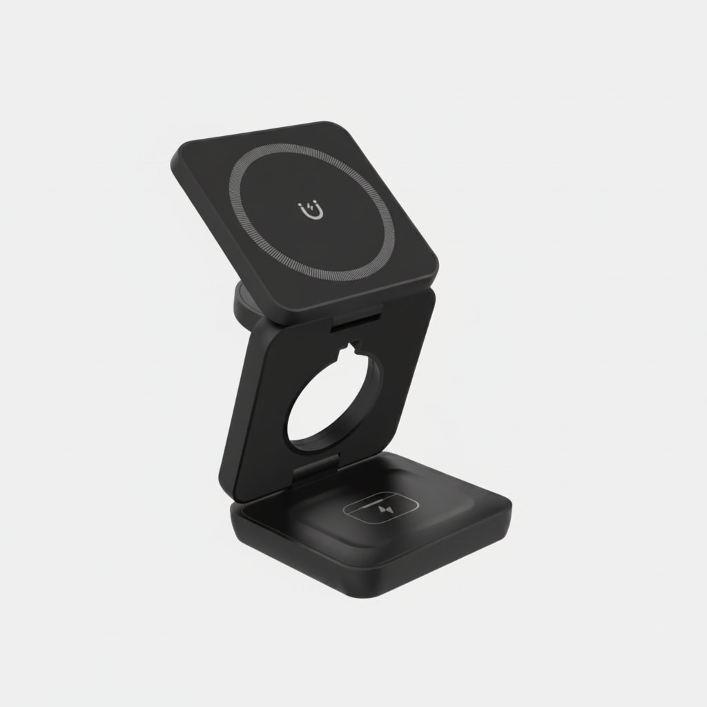 A black magnetic wireless charging stand with a fold-out design, featuring a top square panel with a wireless charging symbol and a bottom base with a charging contact icon, shown on a plain white background.