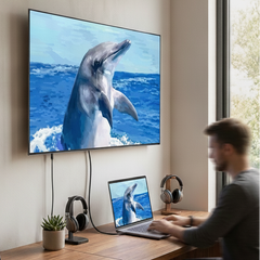 Person working at a desk with laptop and a TV displaying a dolphin on a wall.