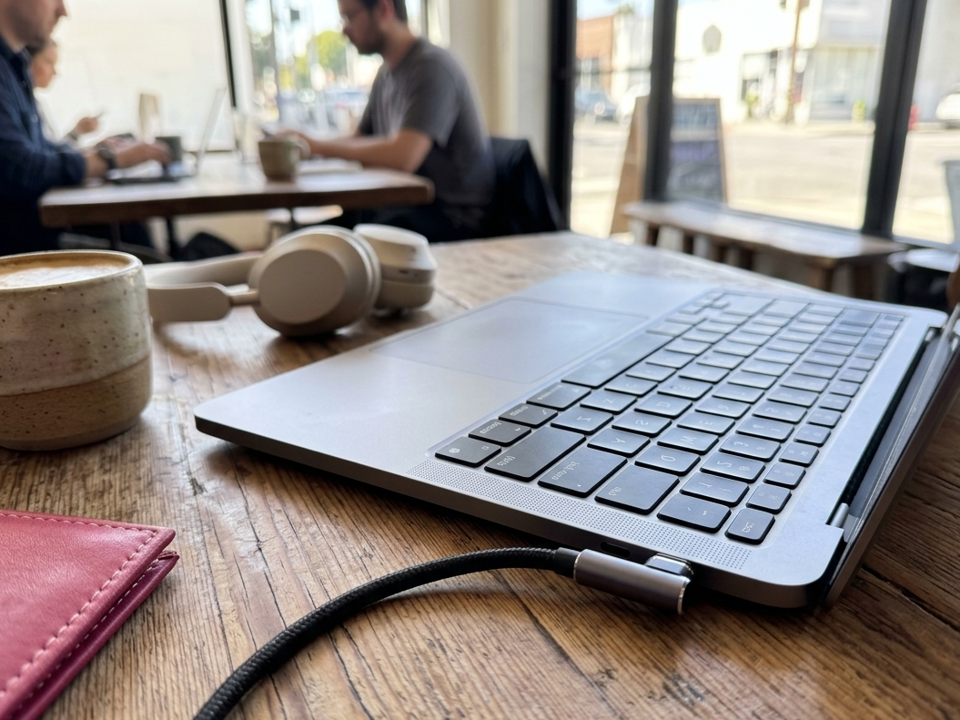 Laptop using right angle magnetic cable on a wooden table with a coffee cup, headphones, and a wallet in a cafe setting.