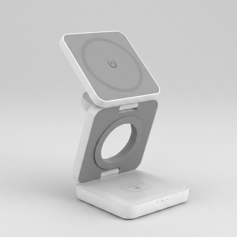 A white and gray foldable wireless charging stand with a square magnetic charging pad on top, a charging port for watch at the back, and a charging dock on the base, shown on a plain white background.