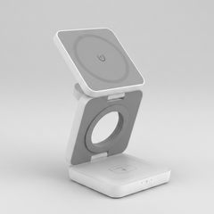 A white and gray foldable wireless charging stand with a square magnetic charging pad on top, a charging port for watch at the back, and a charging dock on the base, shown on a plain white background.