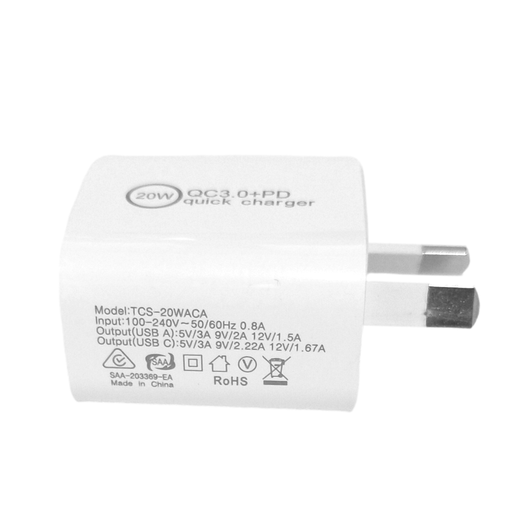USB C 20W PD + USB A QC 3.0 Wall Charger Power Adapter